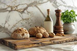 Rustic bread nuts and seasonings arranged on a wooden cutting board on a marble countertop photo