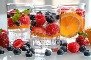 Refreshing summer fruit infused sparkling water with fresh berries photo