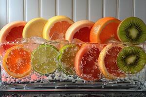 Colorful citrus slices and kiwi in sparkling water with bubbles photo