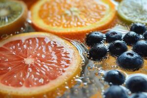 Closeup view of slices of orange grapefruit kiwi and blueberries floating in sparkling water photo