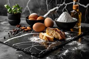 A freshly baked loaf of bread sliced open on a black marble surface dusted with flour surrounded by ingredients like eggs and almonds photo
