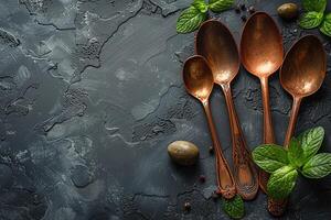 Copper Spoons, Mint, and Spices on a Dark Surface photo