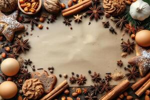 A Festive Arrangement of Spices Cookies and Eggs Surrounding a Blank Space on a Brown Surface photo