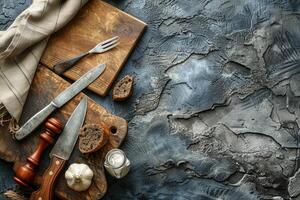 Rustic Kitchen Table Setting with Bread, Garlic, and Utensils photo