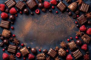 A frame of delectable chocolates raspberries and star anise arranged on a dark surface dusted with cocoa powder photo
