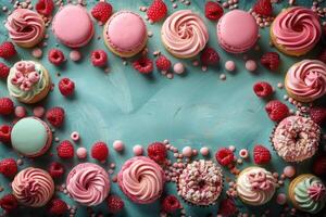 A vibrant assortment of pink pastries and raspberries scattered on a teal surface create a delightful culinary composition photo