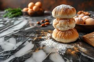 A stack of three freshly baked rolls dusted with powdered sugar rests on a black marble counter photo