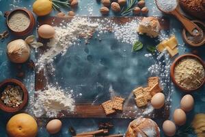 A Scattered Array of Baking Ingredients Surrounding a Wooden Cutting Board on a Blue Background photo