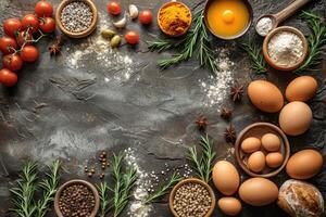 A rustic spread of fresh ingredients spices and herbs arranged around a dark textured background hinting at a culinary adventure photo