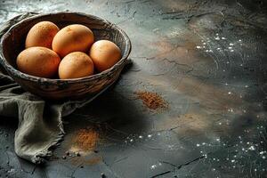 Brown eggs nestled in a rustic wooden bowl on a dark countertop with scattered spices photo