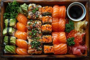 A Colorful Array of Sushi Rolls and Sashimi Presented in a Wooden Box with Soy Sauce and Garnishes photo