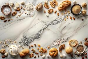 A variety of nuts grains and breads scattered on a marble surface create a frame photo