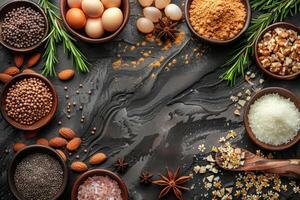 A collection of culinary ingredients arranged in bowls and scattered on a black surface showcasing a variety of flavors and textures photo