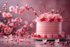 A delicate pink cake adorned with blossoms and raspberries sits on a table with scattered petals and buds photo
