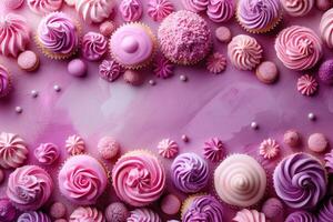 A Delicate Array of Pink and Purple Cupcakes and Sweets Surrounding an Empty Space on a Vibrant Pink Background photo
