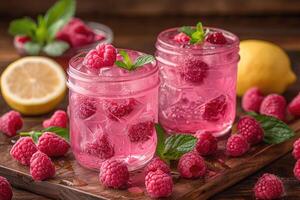 raspberry lemonade in mason jars with lemon slices and mint leaves photo