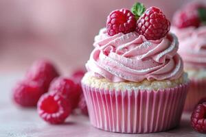A delicate pink cupcake topped with fresh raspberries and a sprinkle of sugar surrounded by a cluster of juicy raspberries photo