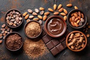 Cocoa beans almonds and cinnamon sticks arranged around a bar of dark chocolate and a bowl of melted chocolate photo