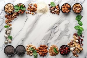 An assortment of nuts seeds and dried fruit arranged in a frame on a marble surface photo