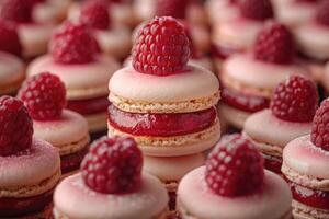 A Closeup of Delicate Raspberry Macarons with a Layer of Red Jam and a dusting of Sugar photo