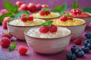 A bowl of creamy white dessert topped with raspberries and a mint leaf surrounded by various berries on a vibrant pink surface photo