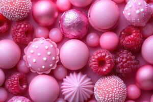 A vibrant arrangement of pink and red spheres raspberries and macarons creates a visually appealing and textured composition photo