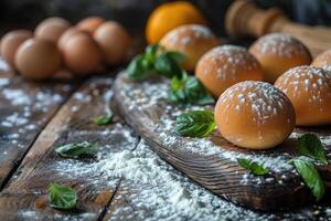 Freshly Baked Bread Rolls Dusted with Powdered Sugar and Scattered with Basil Leaves on a Rustic Wooden Board photo