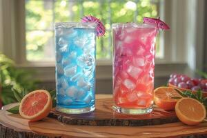 Two refreshing cocktails with ice garnished with fruit and miniature umbrellas resting on a wooden surface photo