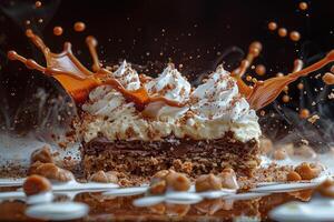 A Chocolate Cake With Whipped Cream Topped With Caramel Sauce and Sprinkles photo