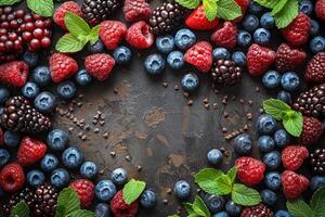A colorful assortment of fresh berries and mint leaves arranged around a dark rustic surface photo