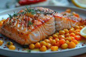 A close up view of a salmon fillet with rosemary and corn kernels on a white plate photo