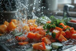 A collection of fresh vegetables submerged in water with bubbles showcasing their freshness and vibrancy photo