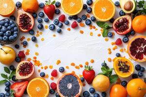 A Vibrant Display of Fresh Fruits and Berries Arranged in a Circular Pattern on a White Surface photo