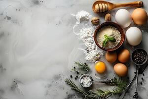 A scattering of ingredients for baking and cooking including flour eggs rosemary and peppercorns on a textured gray surface photo