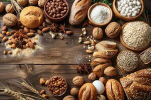 A rustic wooden table adorned with an array of baked goods nuts seeds and spices creating a warm and inviting centerpiece photo