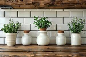 A Row of White Ceramic Jars Filled with Fresh Herbs and Flowers Rest on a Rustic Wooden Shelf photo