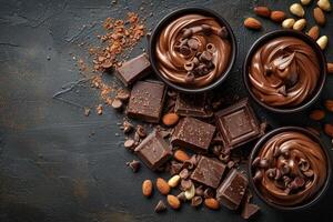 A dark rustic table scattered with chocolate squares chips and creamy swirls accented by almonds and hazelnut shells photo