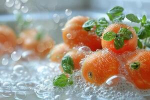 A collection of fresh vegetables submerged in water with bubbles showcasing their freshness and vibrancy photo