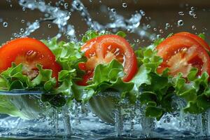 A collection of fresh vegetables submerged in water with bubbles showcasing their freshness and vibrancy photo