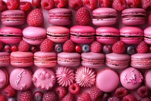 A closeup shot of pink macarons raspberries blueberries and cranberries creating a vibrant and delicious display photo