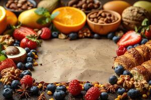 Scrumptious ingredients frame an empty recipe page photo