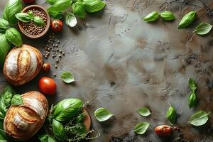 Rustic still life of fresh organic basil leaves tomatoes and artisan bread on a dark stone table photo