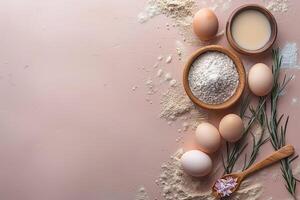 Rustic baking ingredients arranged beautifully on a pink background photo