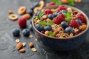 de chuparse los dedos cuenco de mezclado bayas Almendras y Granola foto