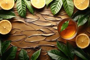 Refreshing citrus green tea with lemon slices and leaves on textured background photo