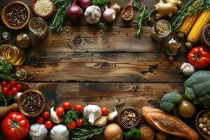 Rustic wooden table with variety of fresh vegetables herbs spices and bread ingredients photo