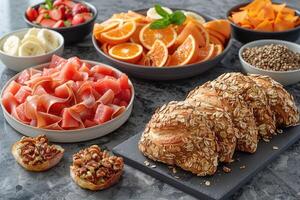 Scrumptious brunch ingredients with fresh fruits nuts and pastries photo