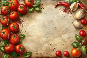Rustic still life painting of tomatoes basil garlic and spices on a cracked table photo
