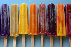 Colorful popsicles in a row on a blue background photo