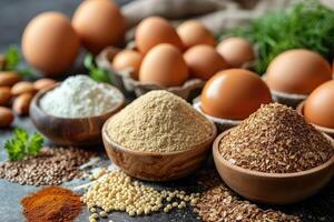 Various grains and eggs are arranged on a table for a delicious breakfast photo